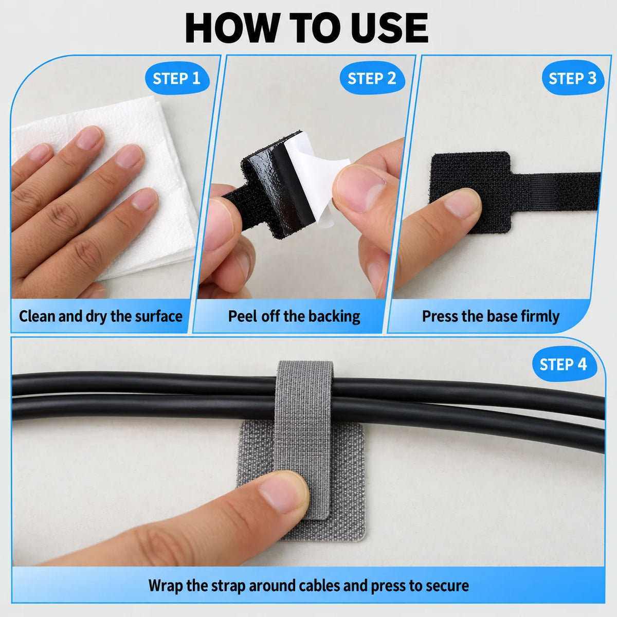 Organizador de cables tipo velcro reutilizable y autoadhesivo, paquetes de 5 a 100 piezas