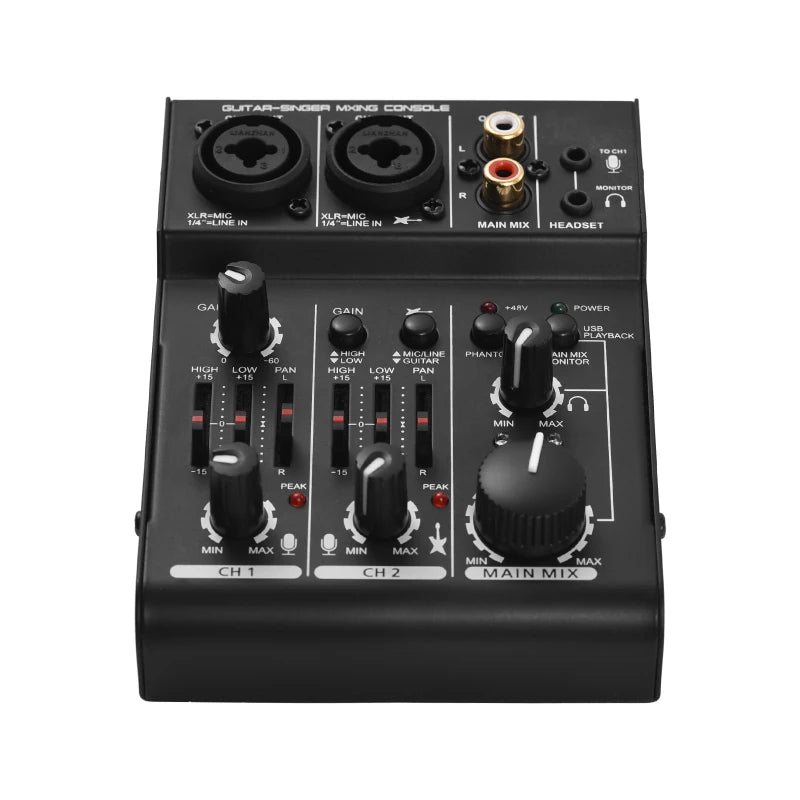 Mezcladora mini de 3 canales con tarjeta de sonido, alimentación fantasma de 48V y USB, para estudio en casa, transmisiones en vivo y karaoke