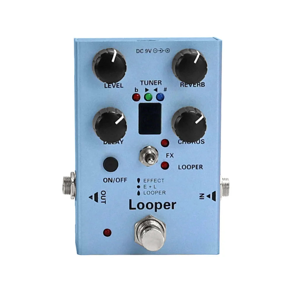 Pedal multiefecto para guitarra eléctrica con looper, delay, chorus, reverb y afinador en un solo pedal, con bypass true y alimentación CC 9V