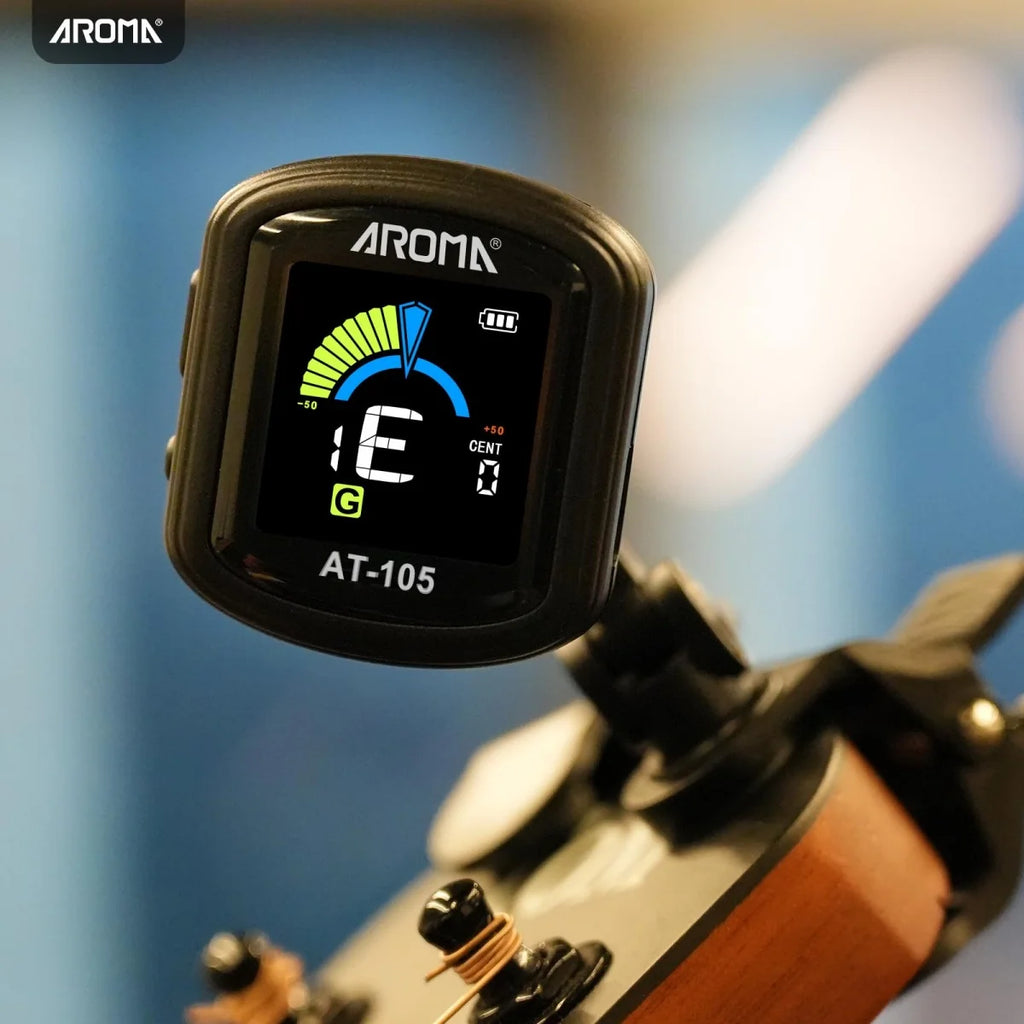 Afinador de pinza AROMA AT-105 recargable, cromático, con giro 360°, para guitarra, bajo, ukelele y violín