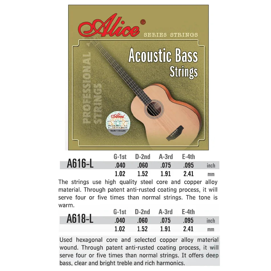 Cuerdas de bajo acústico Alice A616/A618, juego de 4 cuerdas con núcleo hexagonal de acero y entorchado de cobre, con punta plateada