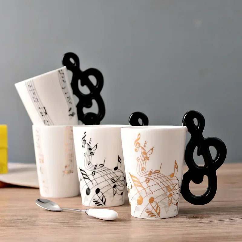 Taza de cerámica de 240 ml con asa en forma de instrumento musical, para café, té o leche, en diseños de guitarra, violín, piano o nota musical