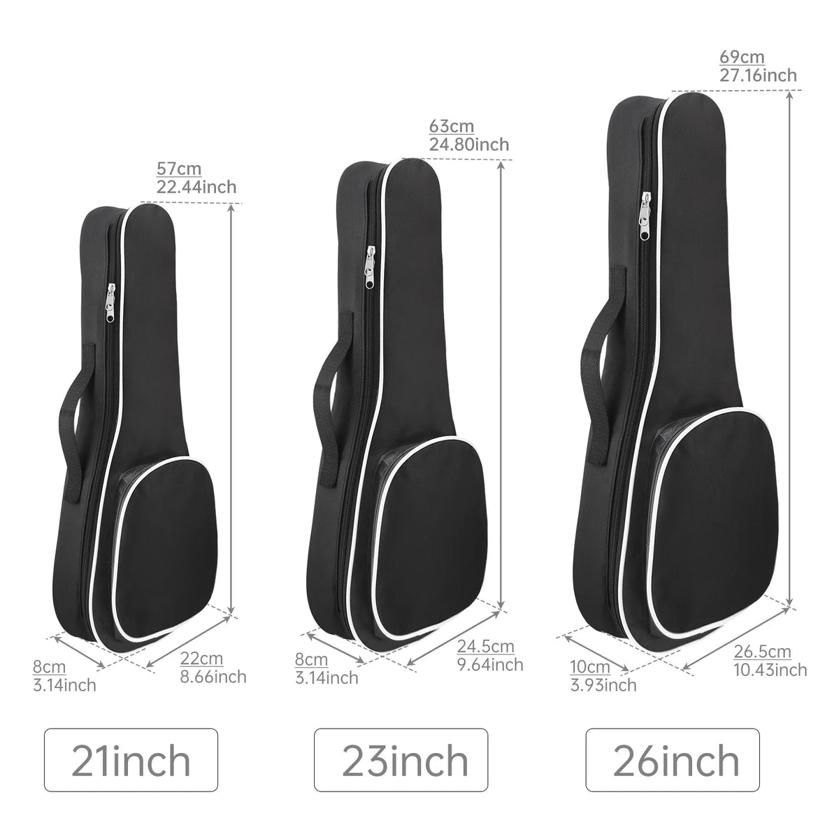 Funda acolchada para ukelele 21/23/26 pulgadas, tela Oxford impermeable negra con bolsillo