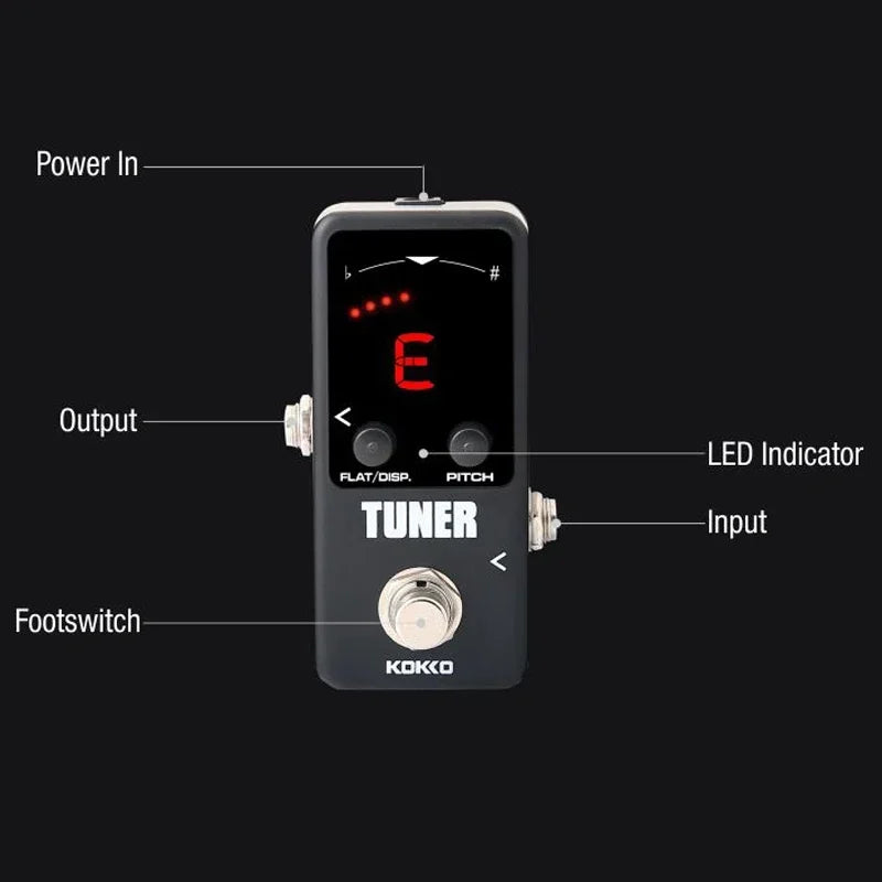 Pedal afinador mini cromático KOKKO Tuner Mini con pantalla LED y true bypass, para guitarra eléctrica y bajo
