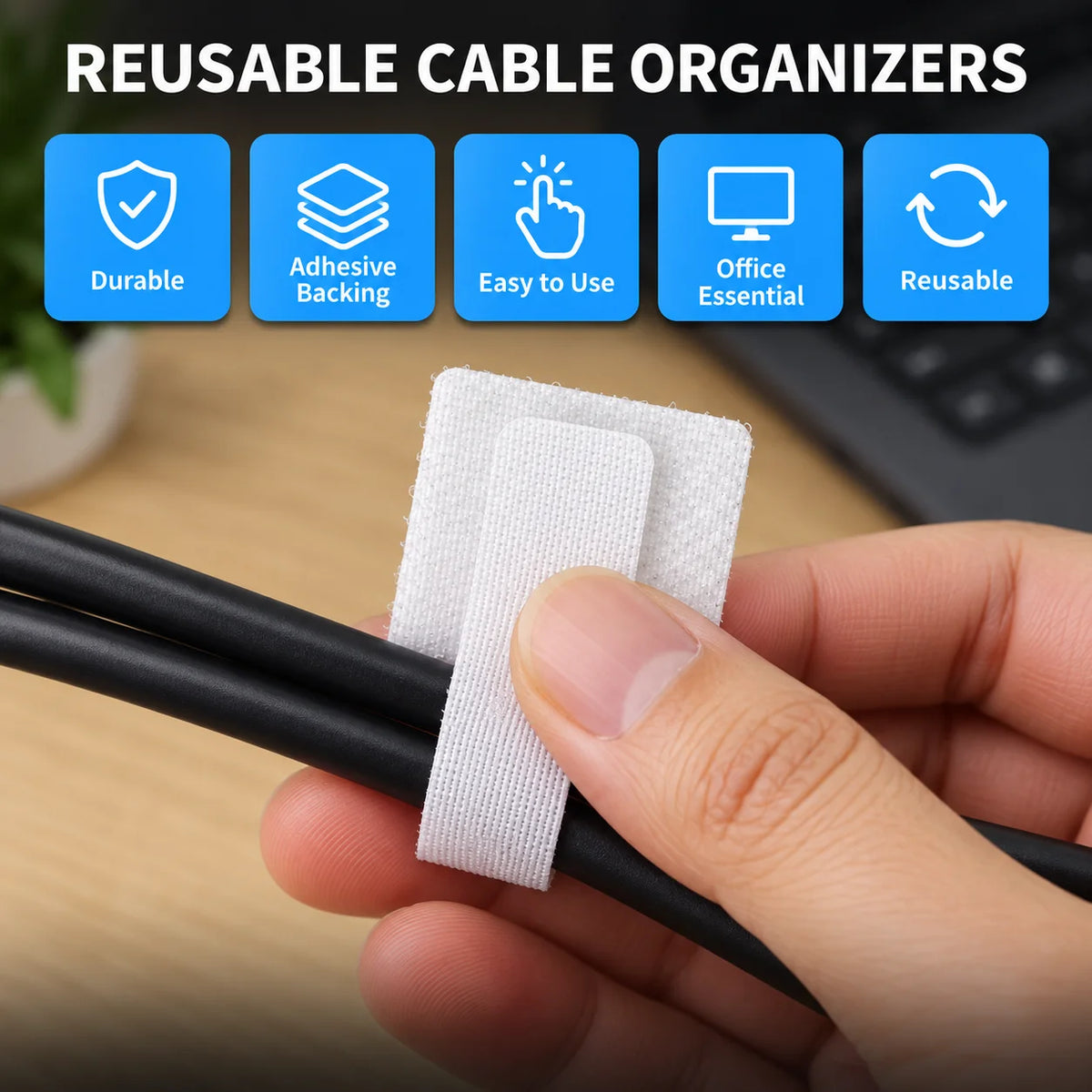 Organizador de cables tipo velcro reutilizable y autoadhesivo, paquetes de 5 a 100 piezas