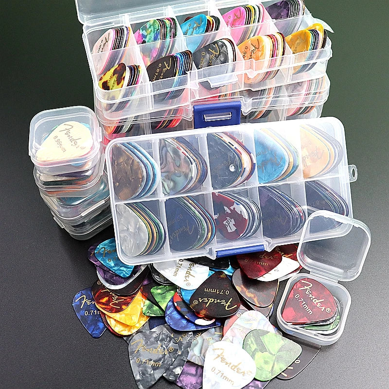 Pack de púas de guitarra de celuloide con caja, 20, 50 o 100 unidades, grosor 0,46–0,96 mm