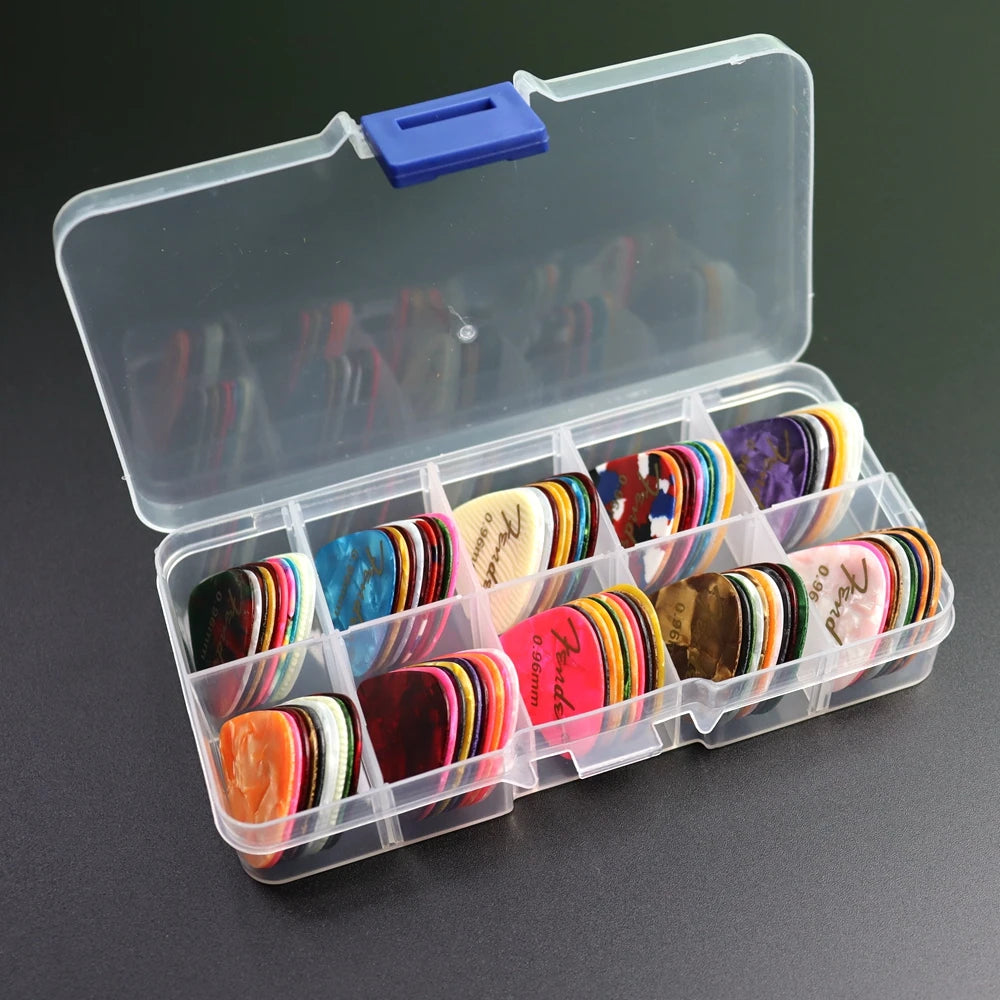 Pack de púas de guitarra de celuloide con caja, 20, 50 o 100 unidades, grosor 0,46–0,96 mm