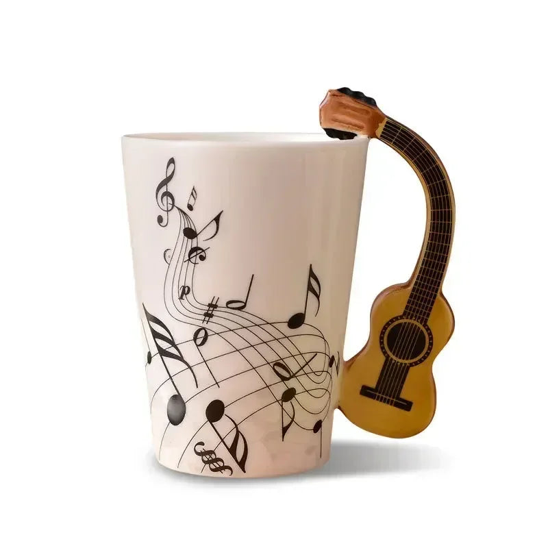 Taza de cerámica de 240 ml con asa en forma de instrumento musical, para café, té o leche, en diseños de guitarra, violín, piano o nota musical