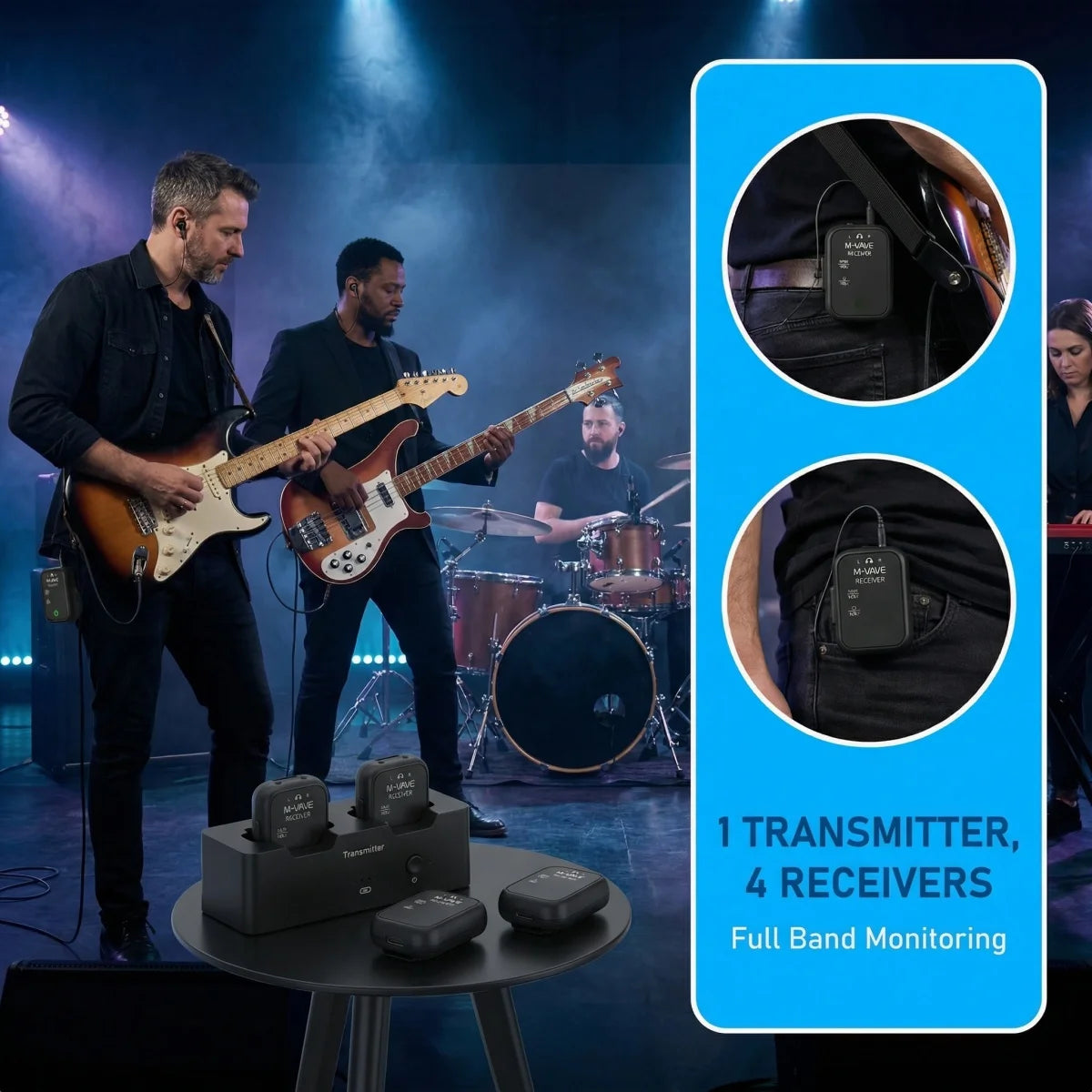 Sistema inalámbrico in-ear M-VAVE WP-12 con 1 transmisor y 4 receptores – 2.4 GHz, 24 bit/48 kHz, alcance de 30 m, latencia de 3 ms, para escenario