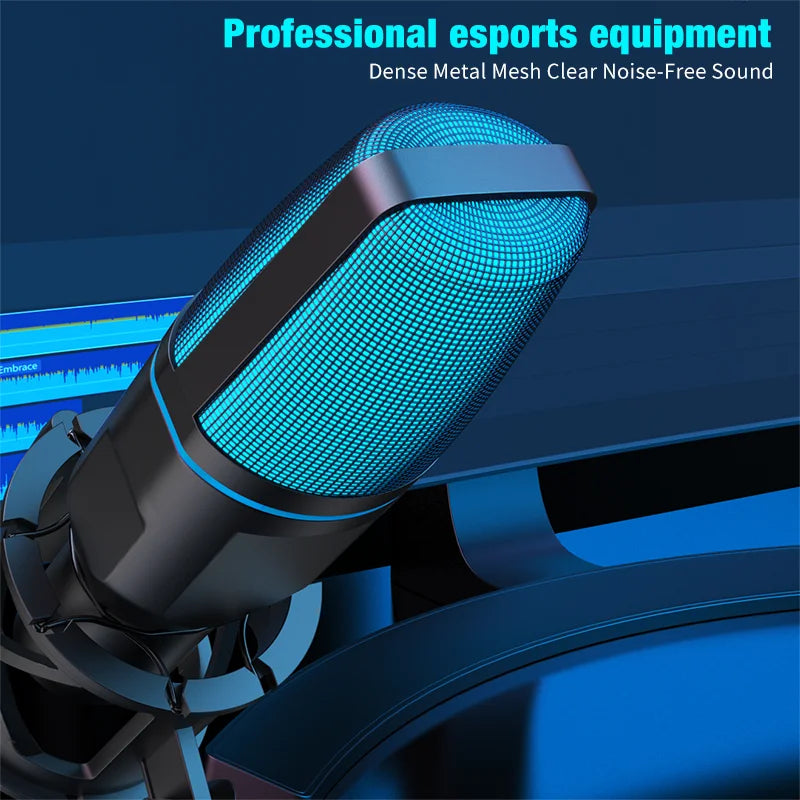 Micrófono USB de condensador con trípode y filtro antipop, con luz RGB, para podcast y streaming