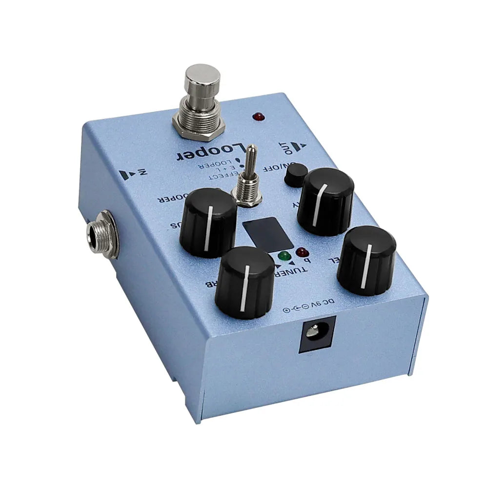 Pedal multiefecto para guitarra eléctrica con looper, delay, chorus, reverb y afinador en un solo pedal, con bypass true y alimentación CC 9V