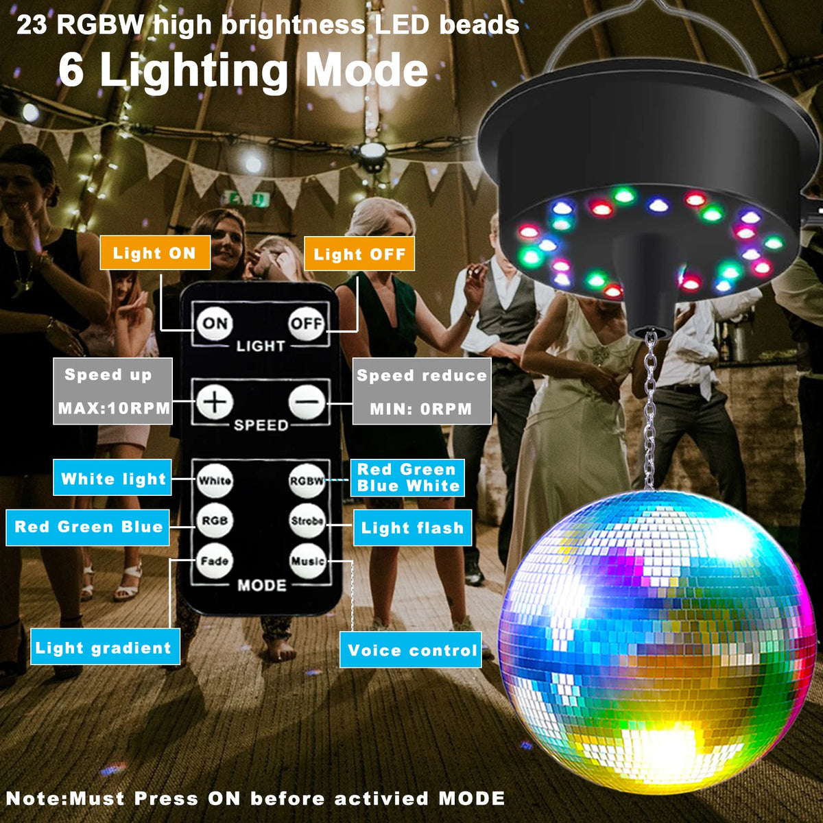 Motor giratorio para bola de espejos con control remoto, 5-10 RPM, con luz LED RGBW, para bola disco