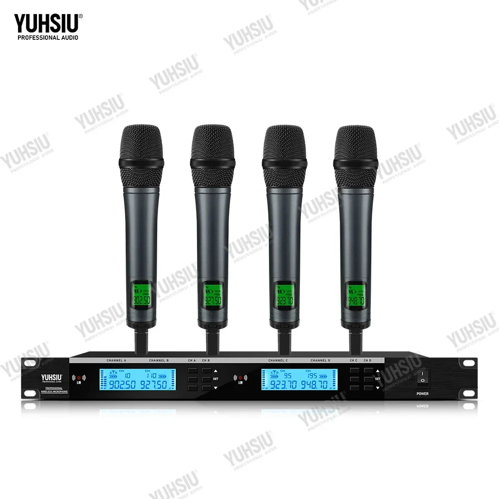 Sistema de micrófono inalámbrico UHF profesional YUHSIU de 900 MHz con micrófono de mano, diadema y lavalier, para escenario
