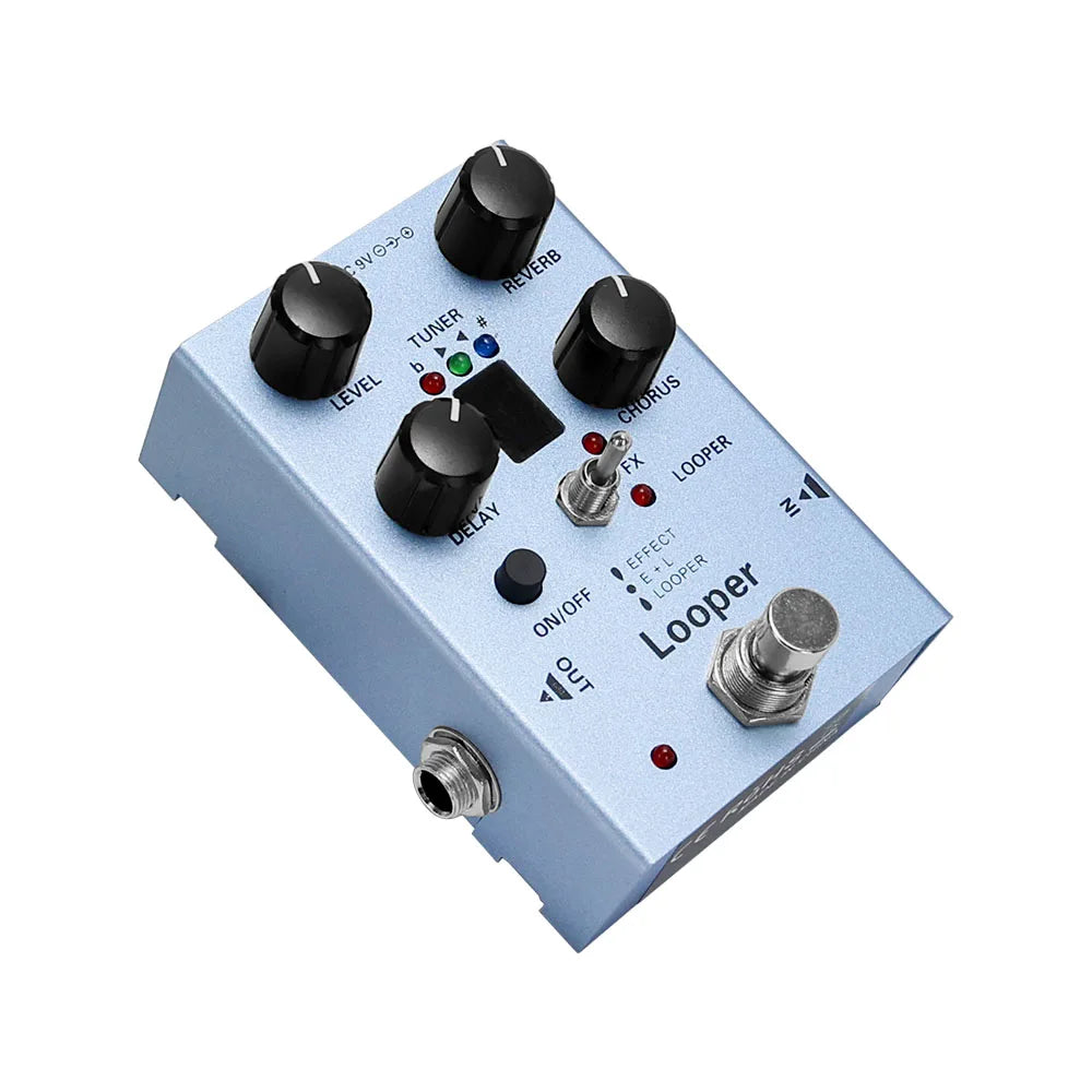 Pedal multiefecto para guitarra eléctrica con looper, delay, chorus, reverb y afinador en un solo pedal, con bypass true y alimentación CC 9V
