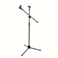 Soporte de micrófono de pie con trípode y brazo articulado, plegable, altura y ángulo ajustables, con 2 clips para micrófono