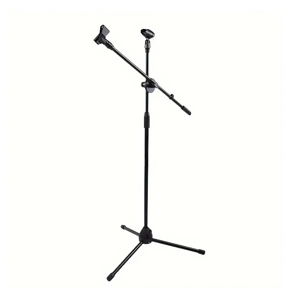 Soporte de micrófono de pie con trípode y brazo articulado, plegable, altura y ángulo ajustables, con 2 clips para micrófono