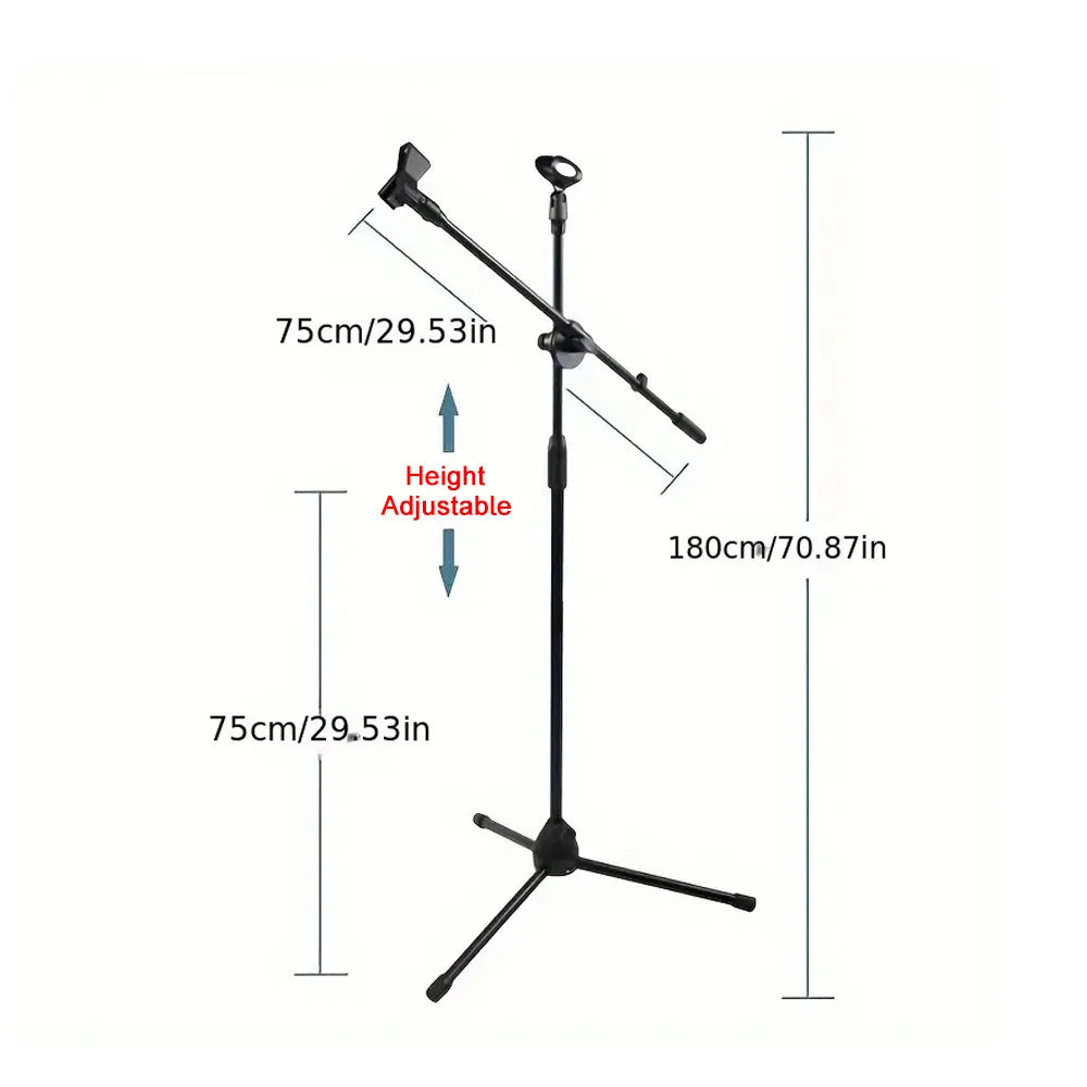 Soporte de micrófono de pie con trípode y brazo articulado, plegable, altura y ángulo ajustables, con 2 clips para micrófono