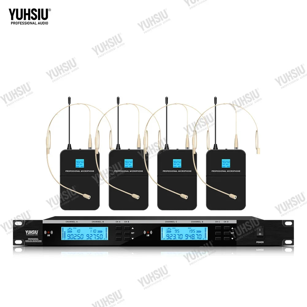 Sistema de micrófono inalámbrico UHF profesional YUHSIU de 900 MHz con micrófono de mano, diadema y lavalier, para escenario