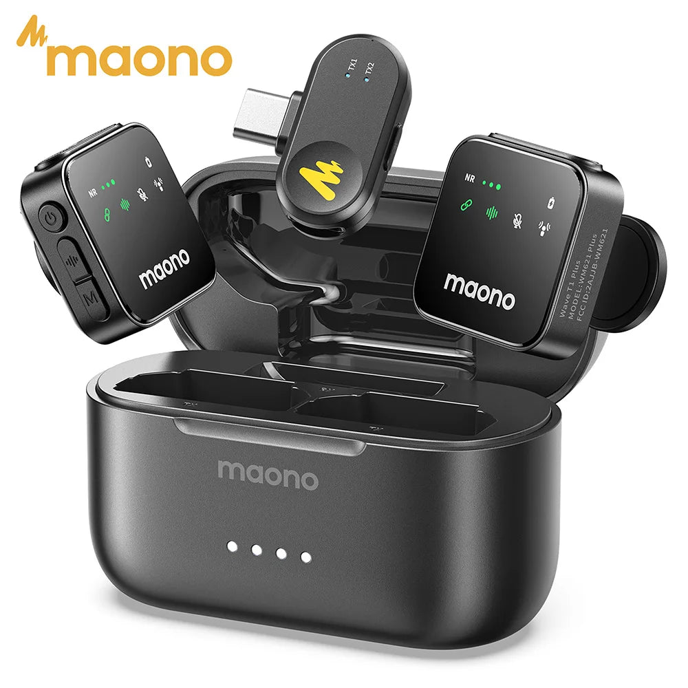 Micrófono lavalier inalámbrico MAONO T1 Plus de doble cápsula con estuche de carga, para iPhone, Android y cámara, para video y podcast