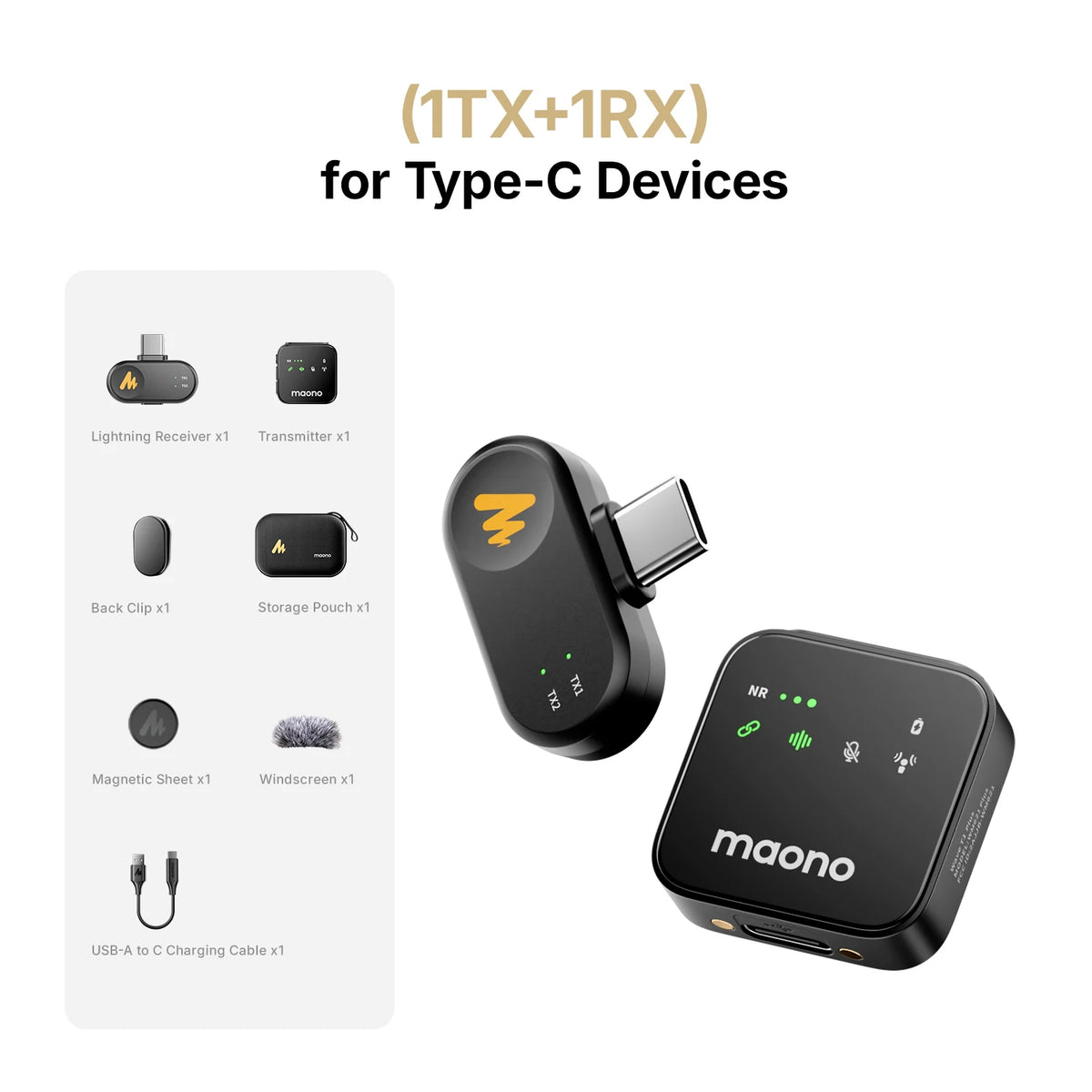 Micrófono lavalier inalámbrico MAONO T1 Plus de doble cápsula con estuche de carga, para iPhone, Android y cámara, para video y podcast