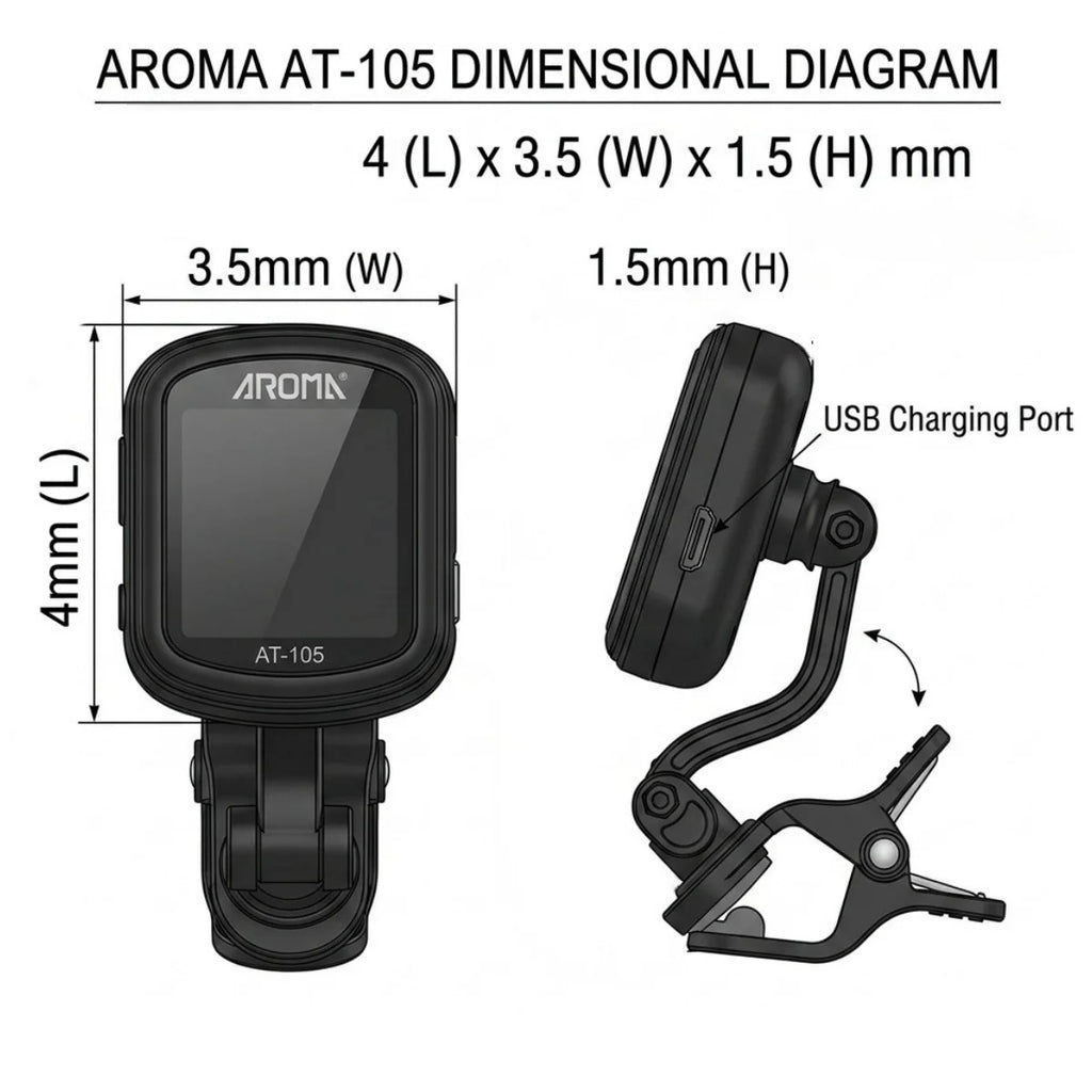 Afinador de pinza AROMA AT-105 recargable, cromático, con giro 360°, para guitarra, bajo, ukelele y violín