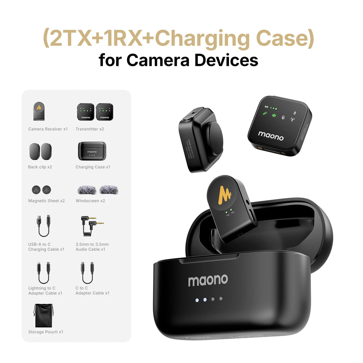 Micrófono lavalier inalámbrico MAONO T1 Plus de doble cápsula con estuche de carga, para iPhone, Android y cámara, para video y podcast