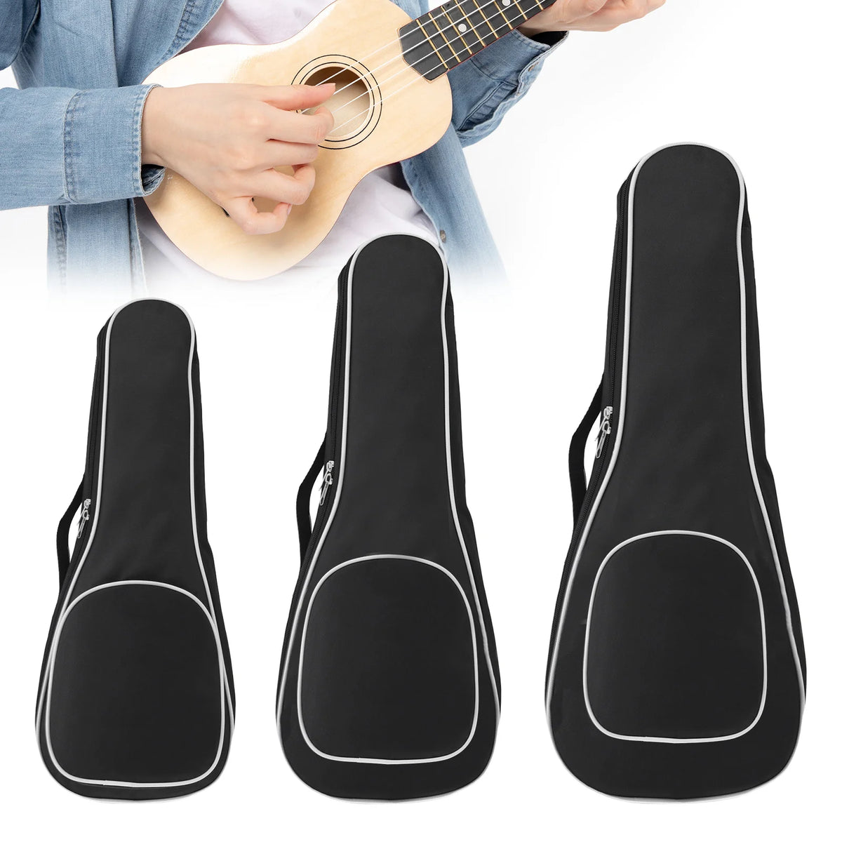 Funda acolchada para ukelele 21/23/26 pulgadas, tela Oxford impermeable negra con bolsillo