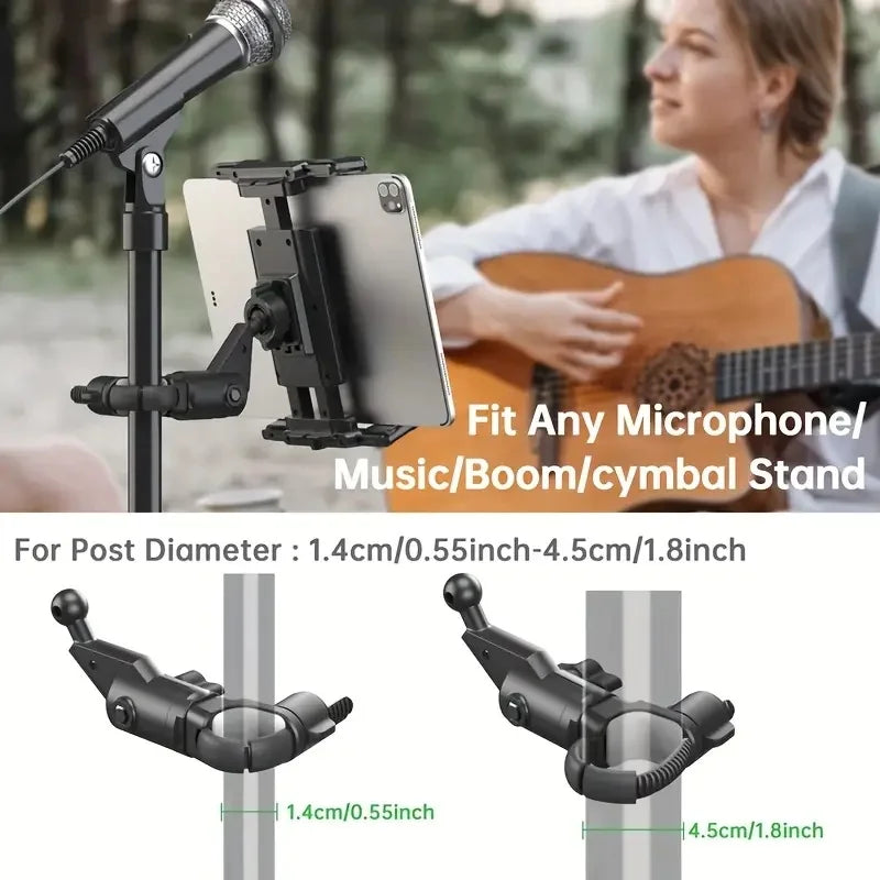 Soporte para tableta y teléfono para soporte de micrófono, ajustable 360°, para dispositivos de 4,7 a 13 pulgadas