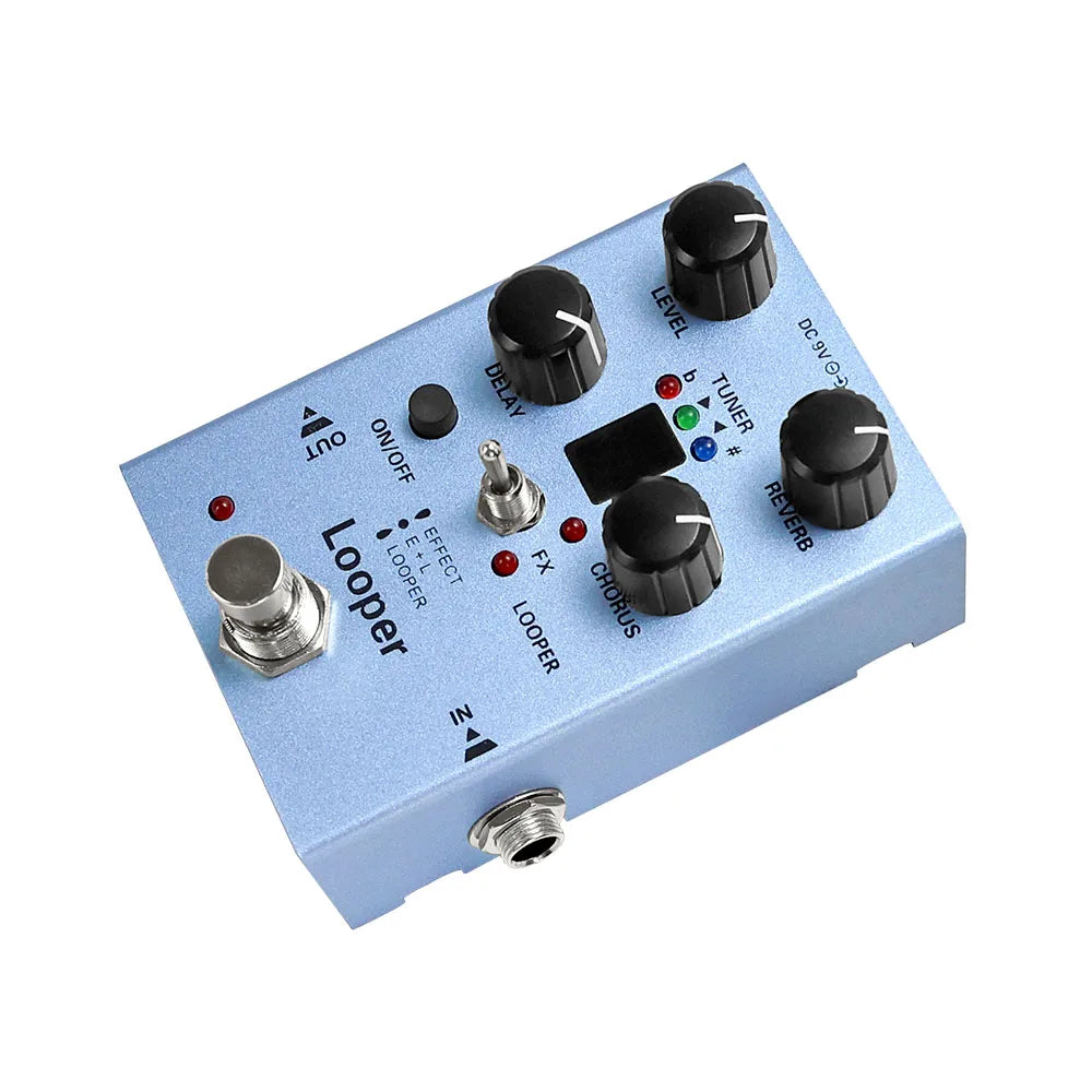 Pedal multiefecto para guitarra eléctrica con looper, delay, chorus, reverb y afinador en un solo pedal, con bypass true y alimentación CC 9V