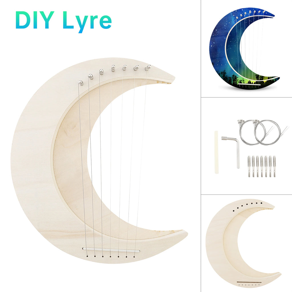 Kit DIY de lira de 7 cuerdas en forma de luna creciente, en madera maciza de tilo (sin armar, requiere armado y pintado)