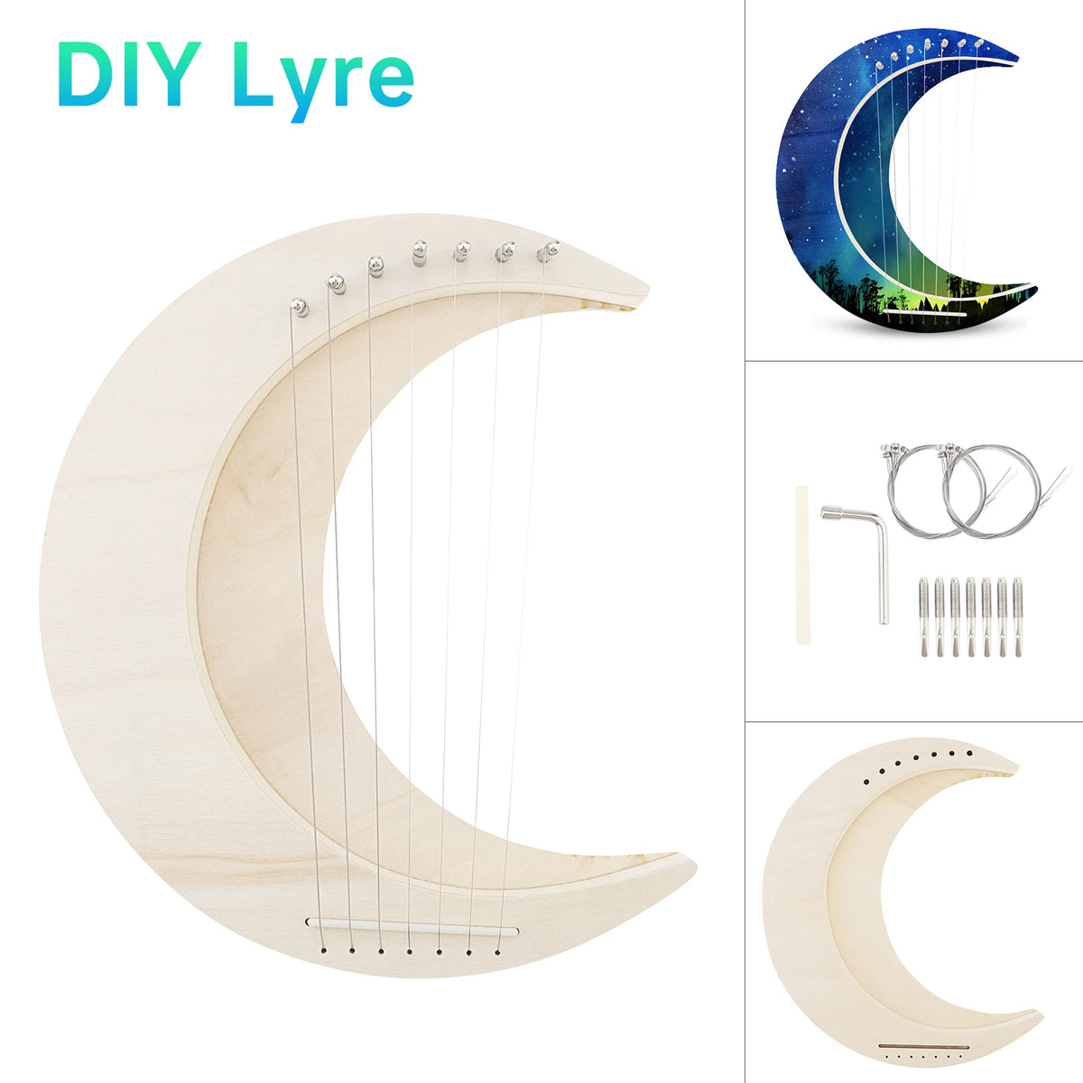 Kit DIY de lira de 7 cuerdas en forma de luna creciente, en madera maciza de tilo (sin armar, requiere armado y pintado)