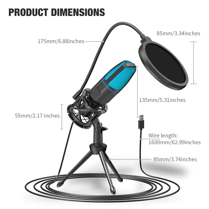 Micrófono USB de condensador con trípode y filtro antipop, con luz RGB, para podcast y streaming
