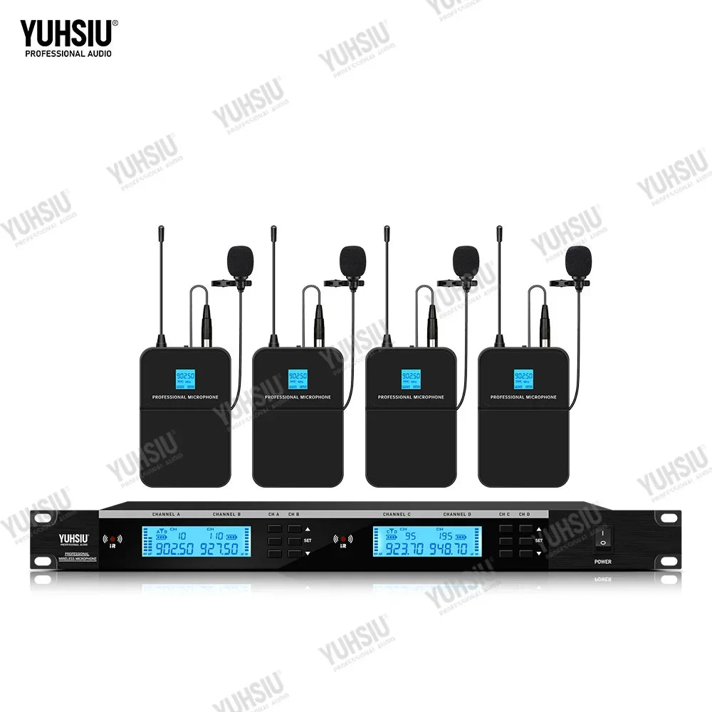 Sistema de micrófono inalámbrico UHF profesional YUHSIU de 900 MHz con micrófono de mano, diadema y lavalier, para escenario