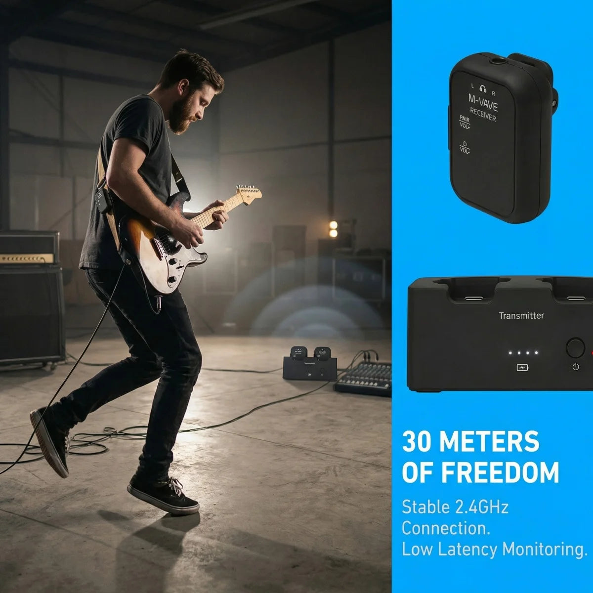Sistema inalámbrico in-ear M-VAVE WP-12 con 1 transmisor y 4 receptores – 2.4 GHz, 24 bit/48 kHz, alcance de 30 m, latencia de 3 ms, para escenario