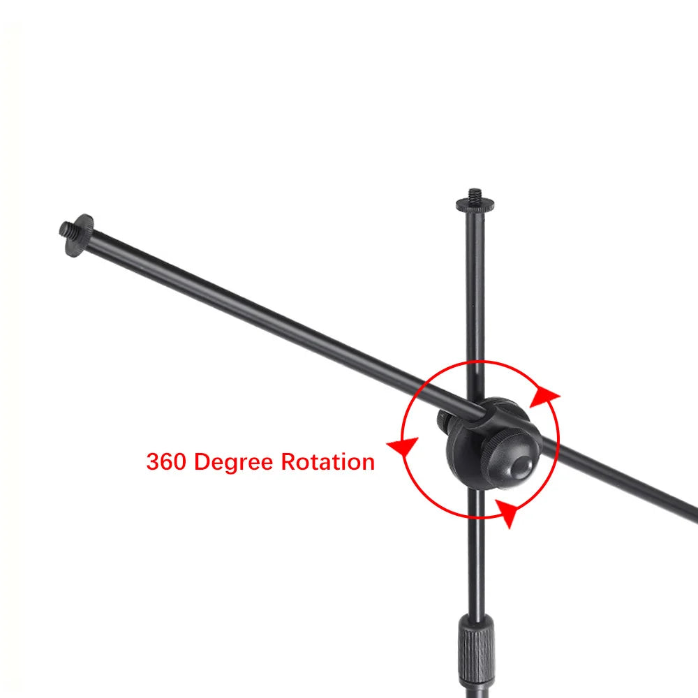 Soporte de micrófono de pie con trípode y brazo articulado, plegable, altura y ángulo ajustables, con 2 clips para micrófono