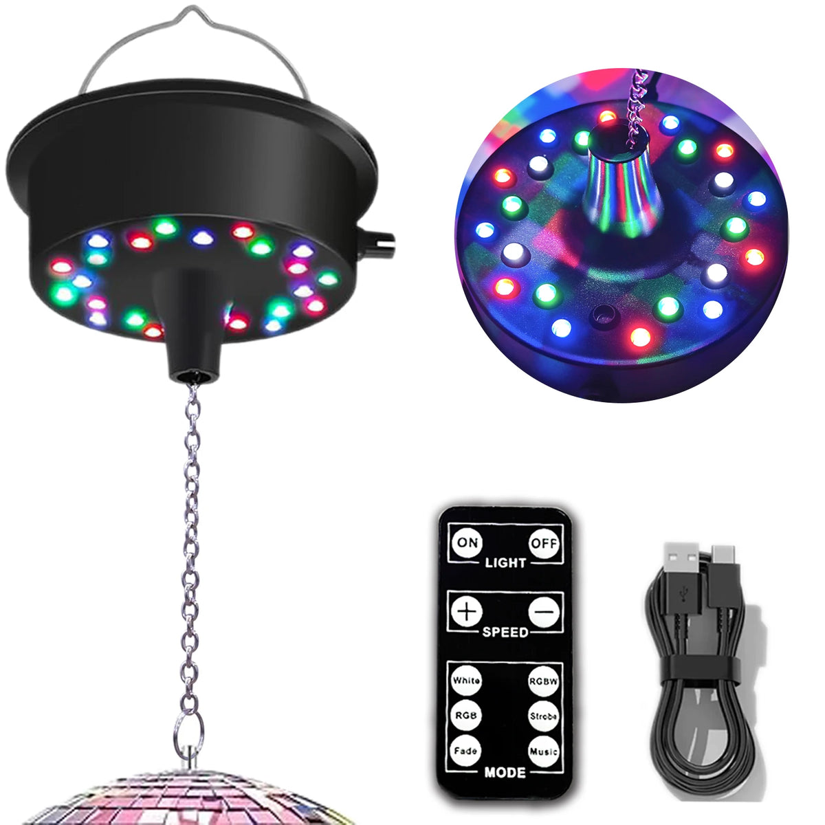 Motor giratorio para bola de espejos con control remoto, 5-10 RPM, con luz LED RGBW, para bola disco
