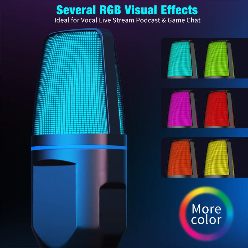 Micrófono USB de condensador con trípode y filtro antipop, con luz RGB, para podcast y streaming