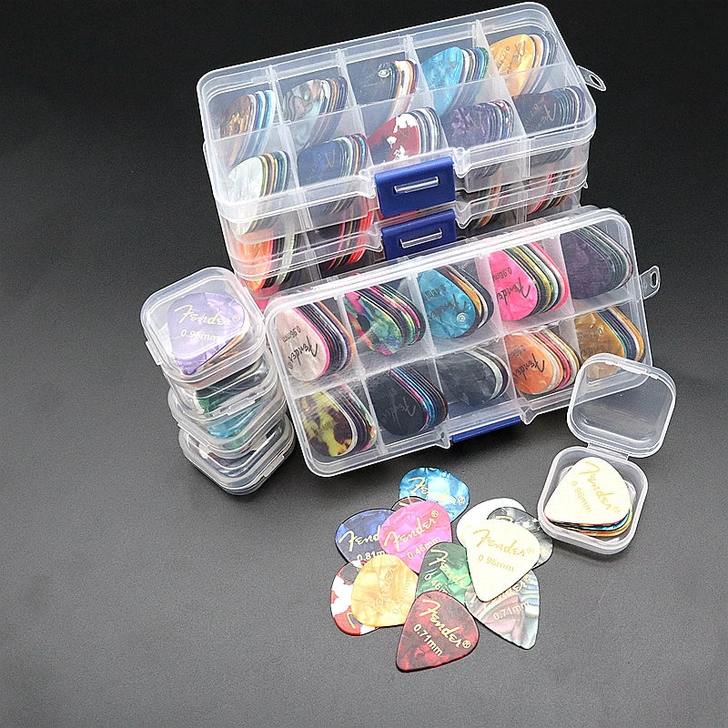 Pack de púas de guitarra de celuloide con caja, 20, 50 o 100 unidades, grosor 0,46–0,96 mm