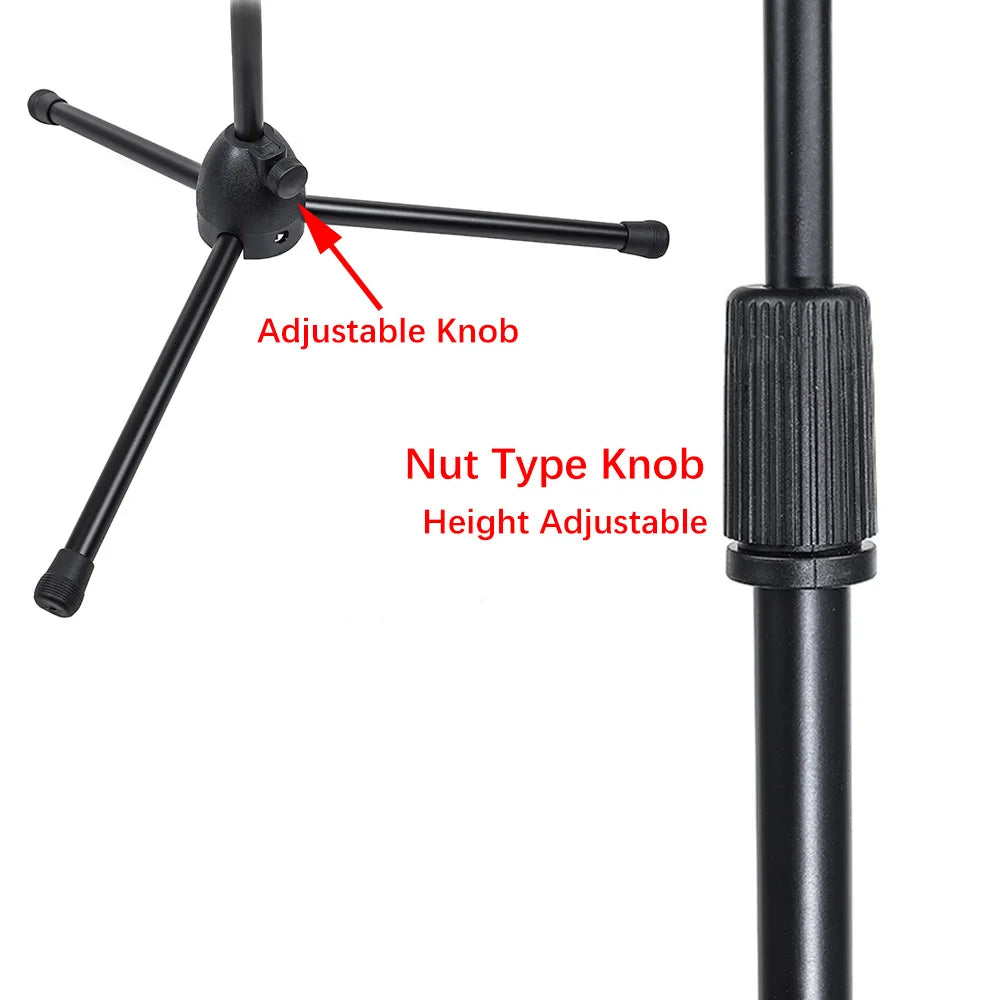 Soporte de micrófono de pie con trípode y brazo articulado, plegable, altura y ángulo ajustables, con 2 clips para micrófono