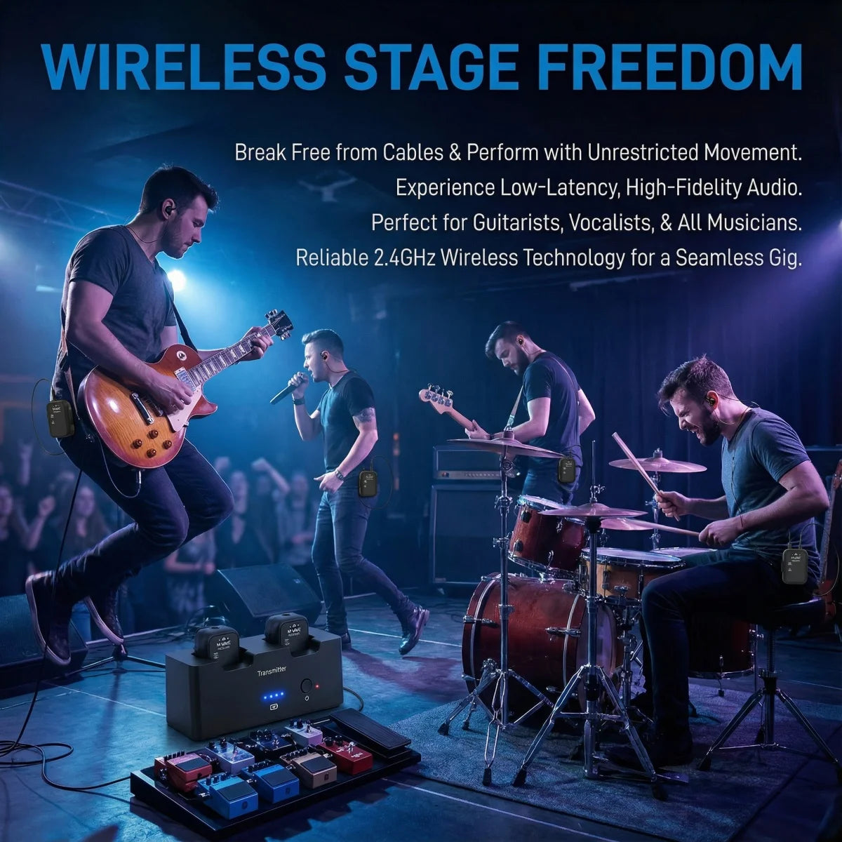 Sistema inalámbrico in-ear M-VAVE WP-12 con 1 transmisor y 4 receptores – 2.4 GHz, 24 bit/48 kHz, alcance de 30 m, latencia de 3 ms, para escenario