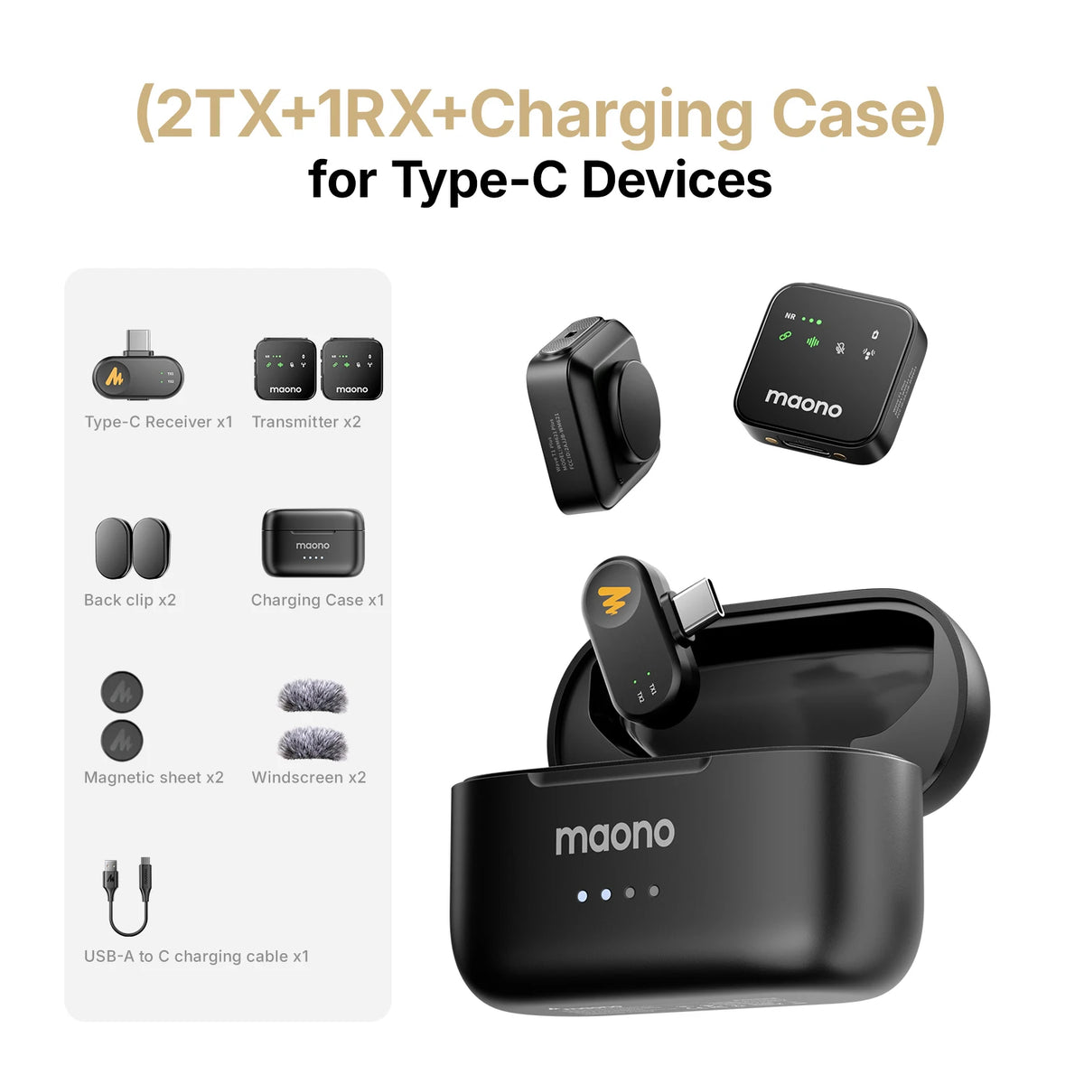Micrófono lavalier inalámbrico MAONO T1 Plus de doble cápsula con estuche de carga, para iPhone, Android y cámara, para video y podcast