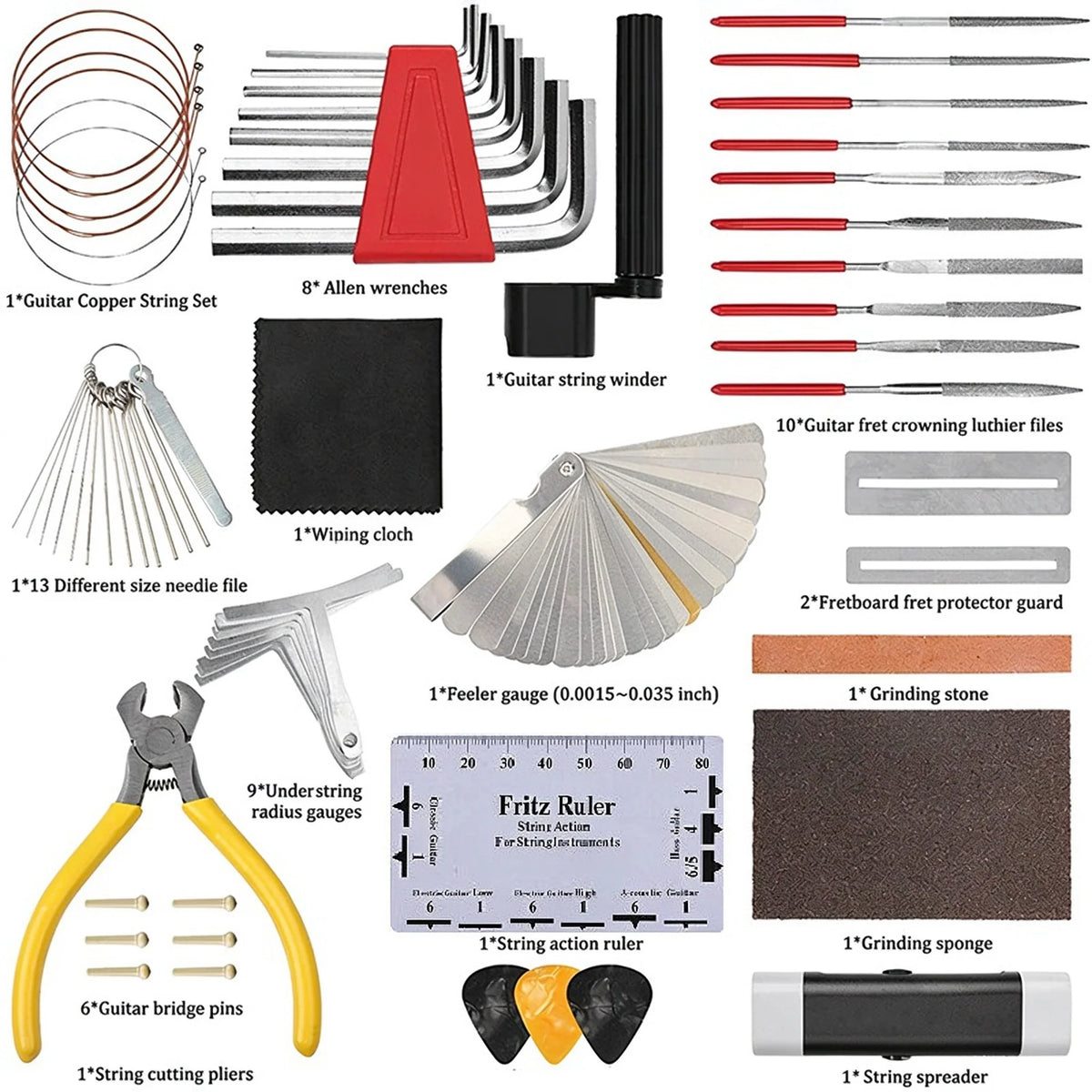 Kit de ajuste y mantenimiento de guitarra de 72 piezas para luthier