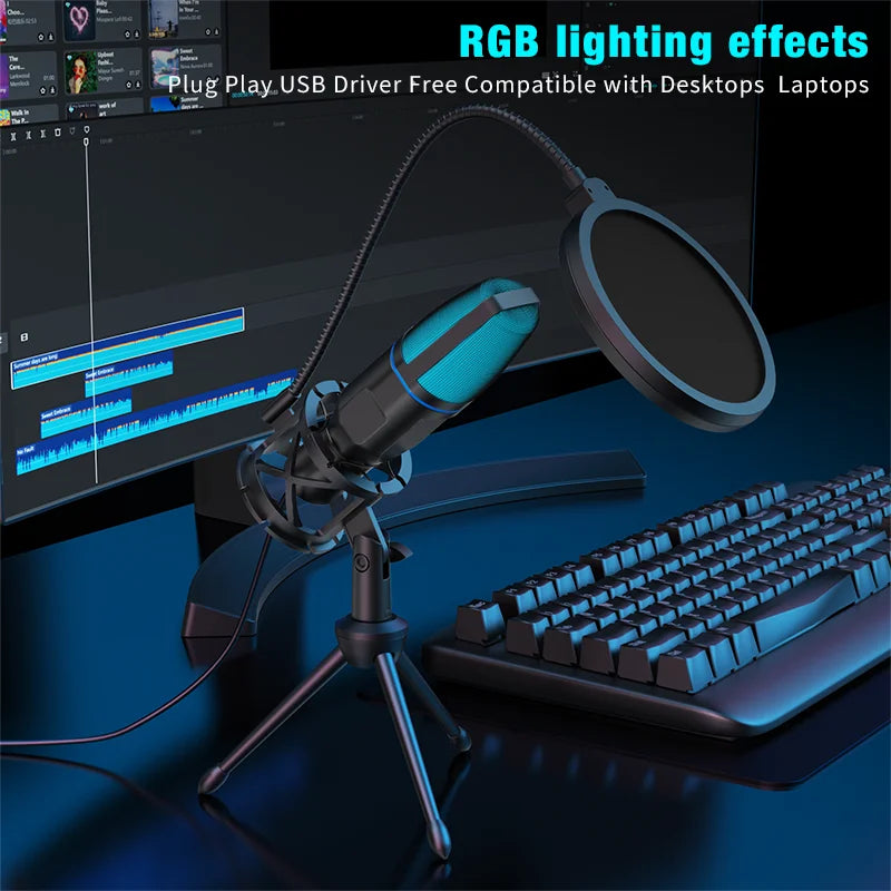Micrófono USB de condensador con trípode y filtro antipop, con luz RGB, para podcast y streaming