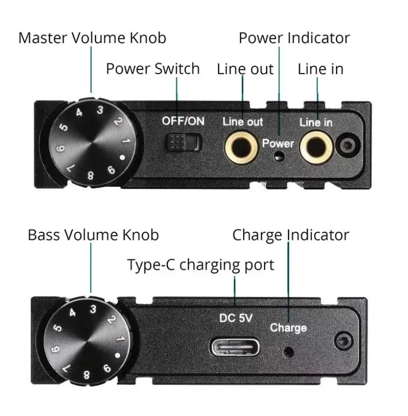 Amplificador de auriculares portátil recargable 3,5 mm con control de volumen, para audífonos de 16 a 600 ohmios
