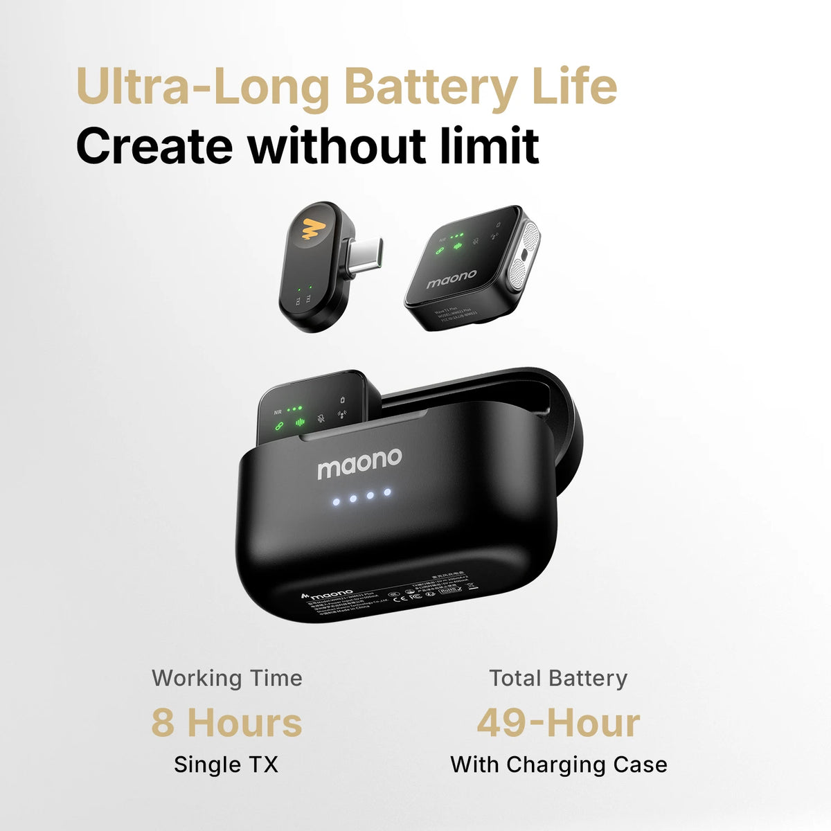 Micrófono lavalier inalámbrico MAONO T1 Plus de doble cápsula con estuche de carga, para iPhone, Android y cámara, para video y podcast