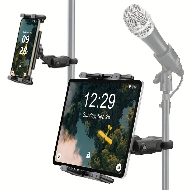 Soporte para tableta y teléfono para soporte de micrófono, ajustable 360°, para dispositivos de 4,7 a 13 pulgadas