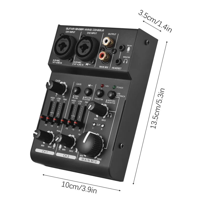 Mezcladora mini de 3 canales con tarjeta de sonido, alimentación fantasma de 48V y USB, para estudio en casa, transmisiones en vivo y karaoke