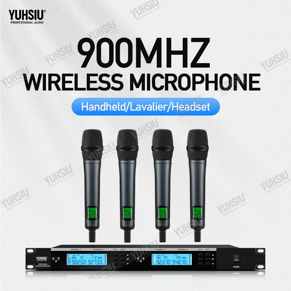 Sistema de micrófono inalámbrico UHF profesional YUHSIU de 900 MHz con micrófono de mano, diadema y lavalier, para escenario