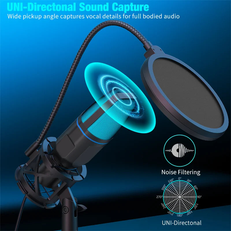 Micrófono USB de condensador con trípode y filtro antipop, con luz RGB, para podcast y streaming