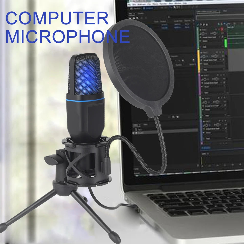 Micrófono USB de condensador con trípode y filtro antipop, con luz RGB, para podcast y streaming